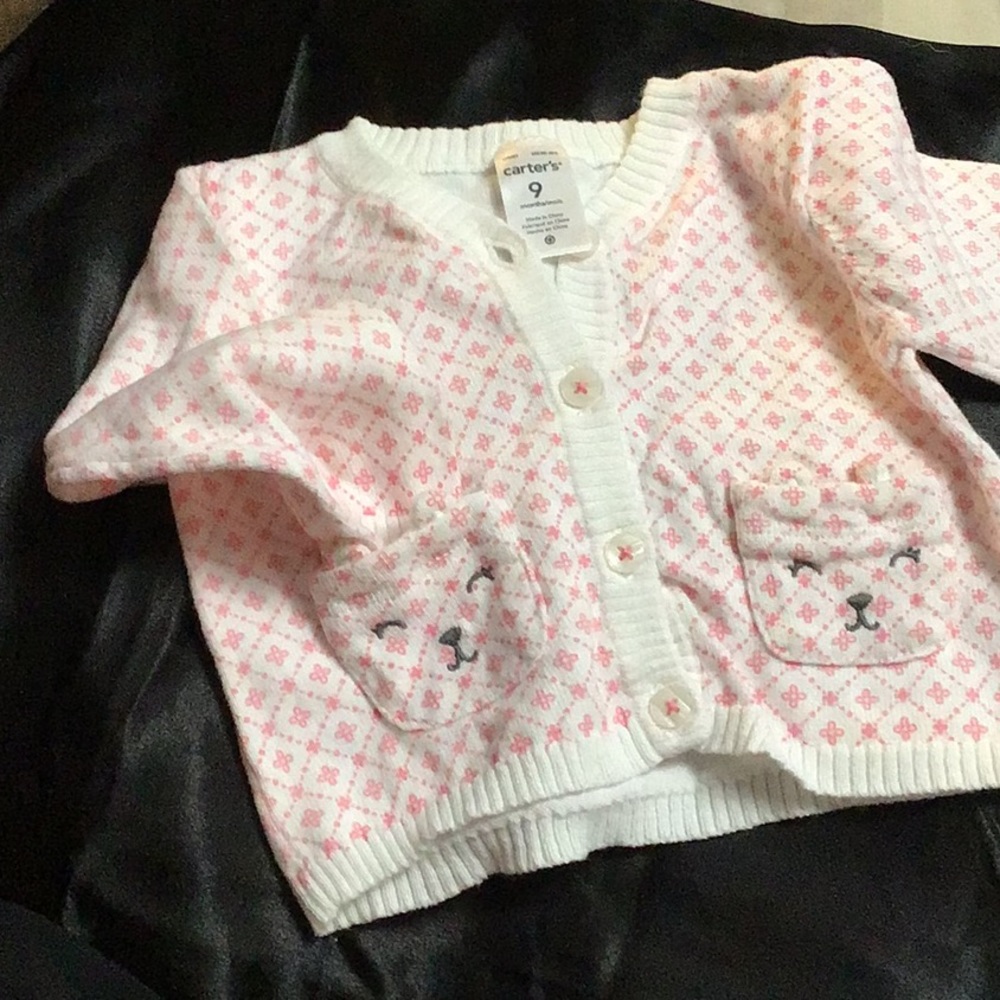 CARTER’S - baby’s button front sweater. 9 months  pink and white